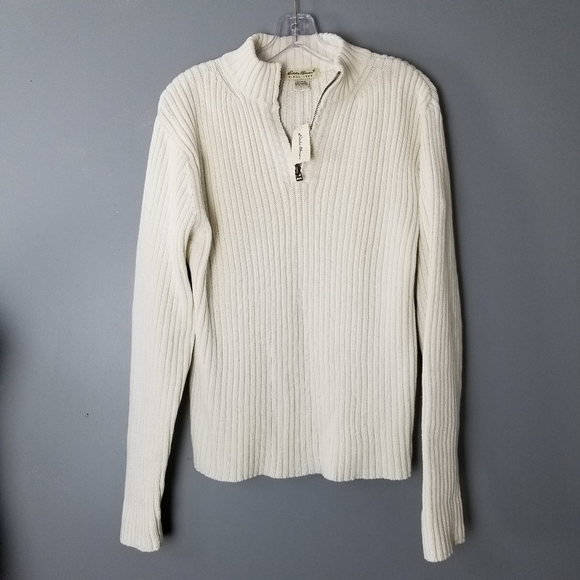 Eddie Bauer Womens Ribbed Mock Neck 1/4 Zip Sweater Size Large Ivory Cotton NWT - Picture 1 of 8